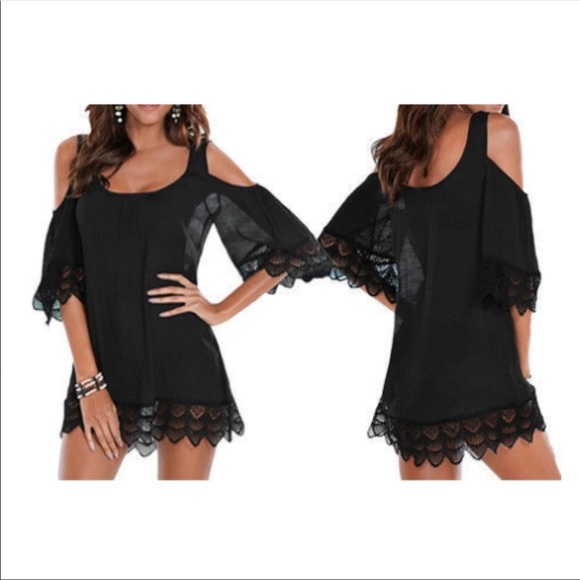 🆕Mini Black Lace Crochet Cold Shoulder Cover Up/Tunic Top - Picture 2 of 3